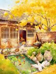  absurdres architecture autumn autumn_leaves basket bird bonsai building bush duck east_asian_architecture fish garden ginkgo_tree grass highres koi lattice leaf lily_pad muyi_(rmkr5237) no_humans original outdoors painting_(medium) plant pond potted_plant scenery shed tile_roof traditional_media vase watercolor_(medium) 