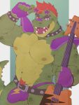 2022 3:4 5_fingers acethetiger alligator alligatorid anthro bass_guitar belt bracelet bulge clothing collar crocodilian eyebrows eyewear eyewear_on_head fingerless_gloves fingers five_nights_at_freddy's five_nights_at_freddy's:_security_breach glasses gloves green_background green_body guitar guitar_string hair handwear hi_res holding_eyewear holding_glasses holding_guitar holding_musical_instrument holding_object jewelry jockstrap lightning_bolt_marking looking_at_viewer male montgomery_gator multicolored_body multicolored_tail muscular muscular_anthro muscular_male musical_instrument nipples open_mouth orange_guitar plucked_string_instrument pubes purple_clothing purple_eyelids purple_gloves purple_handwear red_eyes red_hair red_pubes reptile scalie scottgames sharp_teeth shoulder_pads simple_background solo spiked_belt spiked_bracelet spiked_collar spiked_tail spikes spikes_(anatomy) star_glasses steel_wool_studios string_instrument sunglasses tail teeth tongue underwear yellow_body