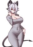  1girl absurdres alternate_costume black_choker black_horns black_tail breasts charlie_purrito choker cleavage closed_mouth collarbone commentary covered_navel curled_horns demon_tail dongtan_dress dress english_commentary grey_dress grey_hair hair_between_eyes hand_on_own_hip hand_up highres horns large_breasts linea_alba long_dress long_sleeves looking_at_viewer medium_hair mole mole_under_eye paid_reward_available red_eyes simple_background solo tail taut_clothes taut_dress white_background wuthering_waves zani_(wuthering_waves) 