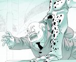  2boys amayuki318 arthropod_limbs bald black_nails blue_background business_suit cell_(dragon_ball) collared_shirt commentary_request dragon_ball dragon_ball_z facial_hair fat fat_man gradient_background grey_hair highres imperfect_cell jacket knee_pads long_sleeves lower_body male_focus monochrome multiple_boys muscular muscular_male mustache necktie open_mouth out_of_frame outstretched_arm scared shirt suit teeth white_background 