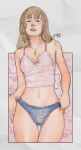  1girl animal_print blonde_hair blue_panties breasts camisole commentary crop_top cropped_legs cross cross_necklace english_commentary front-print_panties highres jewelry kate_marsh life_is_strange_(series) long_hair looking_at_viewer medium_breasts midriff navel necklace no_pants panties parted_lips print_panties rabbit_print rabbit_print_panties red_lips silvereeps solo standing thigh_gap twitter_username underwear white_camisole 
