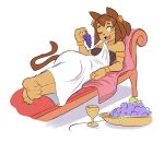 2026 anthro armlet barefoot bracelet breasts brown_body brown_fur brown_hair chair claws clothed clothing container cup digital_media_(artwork) domestic_cat fangs feet felid feline felis female food fruit fur furniture gameoverse glitch_productions goblet grape greek_clothing greek_toga hair hi_res jewelry kit_bodega looking_at_viewer lying mammal medium_breasts necklace on_side one_eye_closed open_mouth open_smile paws plant red_eyes simple_background smile smiling_at_viewer solo tail taterdouce teeth thick_thighs toe_claws toga whiskers white_background wink winking_at_viewer