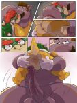 2_horns 3:4 4_fingers animal_genitalia animal_penis anthro anus belly big_belly big_penis bodily_fluids bowser brown_facial_hair brown_hair brown_mustache butt carrying_another carrying_partner close-up clothing comic curved_horn duo eclipticafusion elephant elephant_luigi elephant_penis elephant_toes elephantid erection eyebrows facial_hair fingers foreplay genitals glans gloves green_body green_scales green_shell grey_body grey_skin hair hand_on_butt handwear hi_res horn huge_penis hyper hyper_genitalia hyper_penis intimate kiss_on_lips kissing koopa larger_male lidded_eyes luigi male male/male male_anthro mammal mario_bros moobs motion_lines mustache nintendo nude nude_anthro nude_male obese obese_anthro obese_male overweight overweight_anthro overweight_male penis penis_size_difference pink_anus pink_glans proboscidean red_eyebrows red_eyes red_hair scales scalie shell short_tail simple_background size_difference smaller_male spiked_shell spikes spikes_(anatomy) spread_butt spread_legs spreading sweat sweatdrop tail thick_thighs vein veiny_penis white_clothing white_gloves white_handwear yellow_body yellow_scales