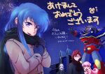  1girl 2021 3boys absurdres akeome black_jacket black_scarf blue_eyes blue_hair brown_coat building butler captain_shark closed_mouth coat colonel_sangross commentary_request earrings fringe_trim fur-trimmed_coat fur_trim green_eyes grey_hair grin happy_new_year heart heart_earrings highres jacket jewelry lapels long_hair long_sidelocks looking_at_another looking_at_viewer looking_to_the_side mecha multiple_boys new_year night old old_man open_mouth ougon_yuusha_goldran outdoors parted_lips pink_coat pink_hair purple_eyes red_eyes red_hair red_scarf rinrin_(rinrindarinko) robot scarf sharanla_sheathluh sharp_teeth short_hair sidelocks sky smile star_(sky) starry_sky super_robot teeth walter_walzac yuusha_series 