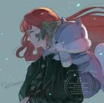  1girl au_ra calyx_(ff14) calyx_(plushie)_(ff14) dragon_girl dragon_horns eyewear_strap final_fantasy final_fantasy_xiv floating_hair glasses green_shirt halmarut_(ff14) hand_on_another's_shoulder highres horns j2_path long_hair looking_to_the_side on_shoulder profile red_hair round_eyewear scales shirt signature simple_background stuffed_animal stuffed_toy watermark 