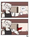 4:5 acting_like_a_cat anthro appliance clothing comic container cup dialogue english_text felid fridge fur hair hi_res hybrid kitchen_appliance liger male mammal nimzy pantherine red_eyes shirt solo speech_bubble stripes tank_top text tobi_(nimzy) topwear white_body white_fur white_hair