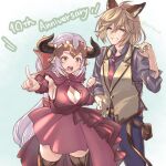  1boy 1girl aliza_(granblue_fantasy) animal_ears anniversary belt blonde_hair blue_pants blush breasts brown_belt brown_thighhighs cleavage clenched_hand commentary_request draph dress elbow_gloves erune forehead_protector frilled_dress frills gloves granblue_fantasy green_background green_eyes grey_hair grey_shirt hand_on_own_hip horns large_breasts large_horns large_ribbon long_bangs long_hair looking_at_viewer necktie open_clothes open_mouth open_shirt pants pointing red_dress red_eyes red_gloves red_necktie ribbon sh01base23 shirt simple_background sketch smile stan_(granblue_fantasy) standing teeth thighhighs tongue upper_teeth_only very_long_hair yellow_dress 