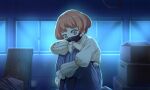  1girl arm_on_knee artist_request baggy_pants belt belt_buckle black_belt black_boots blue_pants boots box box_stack buckle cable cardboard_box collarbone collared_shirt covered_mouth empty_eyes frilled_sleeves frills full_body game_asset grey_eyes hugging_own_legs indoors knees_up light_particles long_sleeves looking_ahead magia_record:_mahou_shoujo_madoka_magica_gaiden mahou_shoujo_madoka_magica mask mouth_mask night official_art orange_hair pants puffy_long_sleeves puffy_sleeves shirt short_hair sitting solo star_(symbol) striped_clothes striped_pants studded_belt studs third-party_source vertical-striped_clothes vertical-striped_pants white_shirt window yu_(madoka_magica) 
