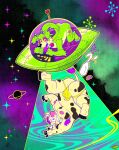 2025 4_fingers abstract_background alien antennae_(anatomy) anthro armpit_hair black_body black_fur body_hair bottle bovid bovine bulge butt canid canine canis cattle clothed clothing container digital_media_(artwork) domestic_dog fingers floating fur green_body green_fur hi_res hollowpup horn hybrid jockstrap male mammal markings milk milk_bottle milk_container muscular muscular_male ringed_eyes sharp_teeth signature solo spacecraft teeth tongue tongue_out toony ufo underwear vehicle white_body white_fur