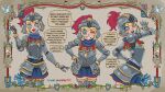  1girl armor basedbinkie belt blonde_hair blue_eyes blue_hair blunt_bangs blush border chivalry_starved commentary couter cowboy_shot cuirass cuisses english_commentary familiar_lands faulds flayne_(basedbinkie) flirting gauntlets hands_on_own_hips helm helmet highres looking_at_viewer multicolored_hair one_eye_closed open_mouth ornate_border pauldrons rerebrace short_hair shoulder_armor skirt smile speech_bubble teeth two-tone_hair upper_teeth_only vambraces zettai_ryouiki 