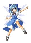  1girl 2000s_(style) :d blue_bow blue_dress blue_eyes blue_hair bow brown_shoes cirno collared_shirt commentary_request dress elehime full_body hair_bow highres ice ice_wings index_finger_raised looking_at_viewer mary_janes neck_ribbon open_mouth outstretched_arms pinafore_dress puffy_short_sleeves puffy_sleeves red_ribbon ribbon shirt shoes short_hair short_sleeves simple_background sleeveless sleeveless_dress smile socks solo spread_arms touhou white_background white_shirt white_socks wings 