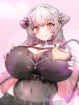  1girl belt belt_buckle black_bustier black_leotard blush breasts buckle bustier cleavage collar commentary_request cone_hair_bun covered_navel demon_girl demon_horns demon_tail double_bun frilled_collar frills gradient_hair grey_hair hair_bun hands_on_own_chest heart_pendant highres horns huge_breasts indie_virtual_youtuber leotard leotard_under_clothes long_hair looking_at_viewer multicolored_hair natsuki_haru orange_eyes pendant_collar pink_hair red_horns see-through_clothes see-through_leotard side_up_bun simple_background smile solo spiked_horns suou_patra suou_patra_(11th_costume) tail underbust virtual_youtuber zipper zipper_pull_tab 