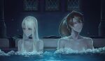  1boy 1girl averting_eyes bath black_choker blonde_hair blush brown_hair bubble choker commentary crossed_arms earrings english_commentary genderswap genderswap_(mtf) glasses green_eyes harry_potter harry_potter_(series) highres hoop_earrings jewelry long_hair malfoid mixed-sex_bathing night nude round_eyewear scar scar_on_face shared_bathing unworn_clothes violet_(highway0953) wizarding_world 