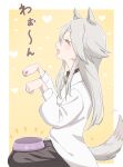  1girl akiyama_haruno animal_ears blush bowl collar commentary_request dog_ears dog_girl doggystyle glasses highres holding illustratorhide mono_(afro) open_mouth pet_bowl sex sex_from_behind shirt smile tail white_hair white_shirt 