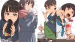  2026 4girls aonori_misuji apron black_hair blush bun_(food) chocolate chocolate_on_hand clothing_request commentary_request cooking eating ehoumaki empty_eyes food food_on_hand fruit glasses green_apron hair_over_shoulder highres holding holding_bun holding_food holding_spoon long_hair long_sleeves looking_at_food looking_at_viewer looking_down looking_to_the_side looking_up makizushi multiple_girls open_mouth original parfait red_scarf scarf school_uniform serafuku short_hair simple_background spoon steam steamed_bun strawberry strawberry_parfait sushi twintails white_background 