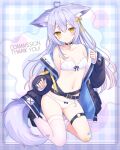  1girl ahoge animal_ear_fluff animal_ears bandaid bandaid_on_knee bandaid_on_leg belt belt_buckle black_belt black_choker black_coat blush bow bow_panties bra breasts buckle choker closed_mouth coat commentary_request commission crotch_seam double-parted_bangs english_text full_body gingham_background hair_ornament hair_ribbon hairclip heart heart_ahoge highres kneeling long_hair long_sleeves looking_at_viewer medium_breasts multiple_belts navel o-ring o-ring_choker o-ring_thigh_strap open_clothes open_coat original panties parallel_hairclips purple_hair purple_thighhighs raised_eyebrows ribbon single_sock single_thighhigh skeb_commission socks solo straight_hair strapless strapless_bra thank_you thigh_strap thighhighs underwear underwear_only undressing white_bra white_panties white_socks white_thighhighs yellow_eyes yellow_ribbon yuuki_rika 