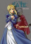  1boy 1girl 2000s_(style) ahoge archer_(fate) artoria_pendragon_(fate) blonde_hair blue_dress blush closed_mouth coat comiket_71 commentary_request cover cover_page cowboy_shot dagger doujin_cover dress elehime fate/stay_night fate_(series) green_eyes holding holding_dagger holding_knife holding_weapon juliet_sleeves knife layered_dress long_sleeves looking_at_viewer partial_commentary puffy_sleeves red_coat saber_(fate) short_hair sidelocks smile weapon white_dress white_hair 