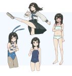  1girl :| animal_ears bare_arms bare_legs bare_shoulders barefoot black_eyes black_hair black_one-piece_swimsuit black_pantyhose black_sailor_collar black_skirt blue_bow blue_bowtie blue_leotard bow bowtie closed_mouth commentary_request covered_navel covering_breasts covering_privates cowboy_shot cropped_legs detached_collar expressionless fake_animal_ears flat_chest frown full_body grey_background highres karubi_(karubi465558) kicking leotard long_hair long_sleeves looking_at_viewer multiple_views navel new_school_swimsuit one-piece_swimsuit pantyhose petite playboy_bunny rabbit_ears sailor_collar school_swimsuit school_uniform see-through_clothes see-through_pantyhose seitokai_ni_mo_ana_wa_aru! serafuku shirt simple_background skirt smile swimsuit terui_arisu underwear underwear_only white_shirt wrist_cuffs 