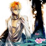  chest flower highres jewelry lily_pad male male_focus naruto naruto_shippuuden nature necklace open_clothes open_shirt orange_hair pain_(naruto) piercing shirt solo tokidoki_tidori water 