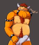 anthro armband armpit_hair balls_outline barazoku belly belly_hair big_belly big_bulge big_muscles biped blush body_hair bowser bracelet brief bulge chest_hair chest_tuft clothing collar detailed_bulge dragon erection erection_under_clothing eyebrows genital_outline grey_background grin grinning_at_viewer hair hand_on_shoulder happy_trail hi_res horn jewelry male male_anthro mario_bros muscular mythological_creature mythological_scalie mythology nintendo nipples one_eye_closed penis_outline pubes red_hair scalie sharp_teeth simple_background smile smiling_at_viewer solo spiked_armband spiked_bracelet spiked_collar spikes spiky_hair standing teeth thick_eyebrows tuft underwear vannillama yellow_body
