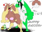 anthro areola balls big_balls big_breasts big_penis black_hair blush breasts brown_body duo easter egg english_text female female_anthro fur generation_4_pokemon genitals green_body green_fur hair heart_symbol holiday_message holidays huge_breasts lopunny male male/female muscular muscular_male nintendo nipples penetration penis pink_areola pink_nipples pokemon pokemon_(species) pokemorph riku9797 riku_(riku9797) text tongue tongue_out vaginal vaginal_penetration vulva white_body yellow_body yellow_fur