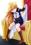  1boy bakusou_kyoudai_let's_&amp;_go!! between_legs black_jacket black_shorts blonde_hair blue_eyes boots bow bowtie brooch brown_boots buttons cape closed_mouth commentary_request double-breasted full_body gloves hand_between_own_legs highres holding_own_cape jacket jewelry lace-up_boots long_hair looking_at_viewer male_focus michael_friedrich_von_weitzegger on_throne pigeon-toed rinrin_(rinrindarinko) shorts sitting smile solo throne trap very_long_hair white_bow white_bowtie white_cape white_gloves 