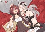  2girls :d bare_shoulders breasts brown_choker brown_dress brown_gloves brown_hair choker cleavage closed_mouth collarbone color-les copyright_name dragon_girl dragon_horns dragon_tail dress english_commentary eye_contact fingerless_gloves fingernails gloves highres holding_hands horns large_breasts long_hair looking_at_another mage_and_demon_queen malori_crowett multiple_girls official_artist_extra open_mouth pink_lips pointy_ears purple_eyes red_nails sharp_fingernails smile tail velverosa white_hair yellow_eyes yuri 