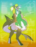 abdominal_bulge absurd_res almost_fully_inside anthro aquatic blue_body blue_eyes blue_fur breasts butt canid canine canis domestic_dog duo ears_up featureless_breasts female fin fish fur furniture green_hair grey_body grey_scales hair heart_symbol hi_res internal licking liquid male mammal multicolored_body nude open_mouth oral_vore orange_eyes same_size_vore scales scalie shark shark_tail sharkstuff soft_vore speech_bubble standing swallowing table tail teeth text tongue tongue_out vore white_body white_fur white_hair