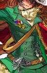  aiguillette ascot belt belt_buckle brown_hair buckle buttons cape double-breasted epaulettes green_jacket highres horse_girl jacket long_hair medal multicolored_hair pink_eyes red_cape rope side_cape single_epaulette streaked_hair suaviterra sweat symboli_rudolf_(emperor's_path)_(umamusume) symboli_rudolf_(umamusume) umamusume very_long_hair 