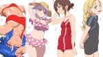  1boy 2026 3girls aonori_misuji bikini black_one-piece_swimsuit blonde_hair blue_hair blush braid braided_ponytail closed_mouth collarbone commentary_request ghost_in_the_shell grow_up_show:_himawari_no_circus-dan hair_between_eyes hand_on_own_hat hat hat_request highres kusanagi_motoko long_sleeves looking_ahead looking_down looking_to_the_side looking_up misogiya_kaoru multiple_girls one-piece_swimsuit open_mouth otome_kaijuu_carameliser pink_bikini red_bikini red_eyes red_one-piece_swimsuit reiwa_no_dara-san short_sleeves single_braid smile swimsuit tan the_ghost_in_the_shell_(2026) tomosato_manatsu tsurumaki_mizuka 