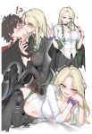  !? 1boy 1girl absurdres belt black-framed_eyewear black_belt black_choker black_shoes black_sweater_vest blonde_hair blue_eyes blush bracelet breasts brown_hair choker cleavage collared_shirt commentary diagonal-striped_clothes diagonal-striped_necktie fang genderswap genderswap_(mtf) glasses green_eyes green_necktie green_panties harry_potter harry_potter_(series) heart highres hogwarts_school_uniform holding holding_wand jewelry khrnnfz kiss large_breasts long_hair malfoid necktie one_eye_closed panties purple_scrunchie ring school_uniform scrunchie shirt shoes skin_fang striped_clothes striped_necktie sweater_vest underwear wand white_background white_shirt wizarding_world 