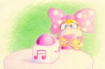 2024 anthro biped blue_eyes bracelet claws closed_smile colored_pencil_(artwork) dragon_koopa female finger_claws furniture gold_(metal) gold_bracelet gold_jewelry green_background hand_on_cheek japanese_description jewelry koopa koopaling lips mario_bros mouth_closed musical_note musical_symbol nintendo pink_bow pink_lips polka_dot_bow ribbon1984 scalie simple_background smile solo symbol table thick_lips traditional_media_(artwork) wendy_o._koopa yellow_body