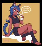  1girl amazu_(kurozu) animal_ears aoi_(amazu) bandaid bandaid_on_knee bandaid_on_leg bendy_straw black_border black_shirt black_shorts black_socks blue_eyes blue_hair border breasts brown_background cat_ears cat_girl cat_tail cleavage commentary cup disposable_cup drinking_straw english_commentary english_text feet holding holding_cup long_hair no_shoes original shadow shirt short_shorts shorts sitting small_breasts socks soles solo stirrup_legwear tail toeless_legwear toes 