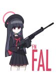  1girl battle_rifle beret black_gloves black_hair black_hat black_sailor_collar black_serafuku black_shirt blue_archive closed_mouth fn_fal gimminj69455096 gloves gun halo hat highres holding holding_gun holding_weapon justice_task_force_member_(blue_archive) long_hair neckerchief pleated_skirt red_eyes red_neckerchief rifle sailor_collar school_uniform serafuku shirt simple_background skirt solo trigger_discipline very_long_hair weapon white_background 
