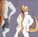 absurd_res alternate_costume angry anthro clothed clothing clothing_swap dinosaur dragon dromaeosaurid duo fool fur furred_dragon furred_scalie grey_body hair hairy_back hands_on_waist hi_res male mythological_creature mythological_scalie mythology orange_(rainbow_friends) orange_body orange_hair orange_scales other prehistoric_species rainbow_friends reptile saurischian scales scalie shirt short silly_face simple_background tail_hair theropod thomas_lipsen tobiasnana topwear white_clothing white_shirt white_topwear