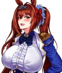 1girl absurdres aiguillette animal_ears blue_bow blue_jacket blush bow breasts brown_hair center_frills commentary_request daiwa_scarlet_(peak_blue)_(umamusume) daiwa_scarlet_(umamusume) epaulettes fang frills hair_intakes highres horse_ears horse_girl huge_breasts jacket juliet_sleeves korean_commentary long_hair long_sleeves looking_at_viewer narcur open_mouth puffy_sleeves red_eyes shirt simple_background smile solo tiara twintails umamusume upper_body very_long_hair white_background white_shirt 