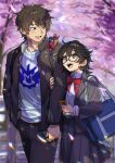  1boy 1girl bag banjou_ryuuga black_hair blush bow bracelet brown_eyes brown_hair collared_shirt commentary commission english_commentary glasses great_cross-z_dragon hand_in_pocket hand_on_another's_arm height_difference highres holding holding_phone jewelry kamen_rider kamen_rider_build_(series) long_sleeves looking_at_another momijiyama_teru nia_(nia4294) open_mouth phone pleated_skirt red_bow second-party_source shirt shoulder_bag shy_(series) skirt smile 
