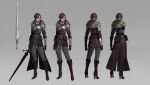  1girl armor arms_at_sides belt belt_buckle belt_pouch black_boots boots brown_belt brown_cape brown_hair brown_jacket buckle cape clenched_hand clenched_hands closed_mouth concept_art cropped_arm cuirass dark_avenger_3 dongho_kang fantasy feather_capelet fingerless_gloves from_behind full_body gloves gradient_background grey_background grey_pants hair_bun hair_ornament hauberk high_heel_boots high_heels highres holding holding_sword holding_weapon jacket knee_boots lips looking_down multiple_views nose pants pauldrons pouch reference_sheet short_hair shoulder_armor simple_background single_hair_bun standing sword third-party_source turnaround vambraces waist_cape weapon 