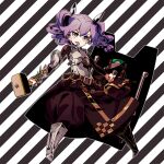  1girl armored_boots baggy_pants belt belt_buckle belt_pouch bodysuit boots brown_belt brown_bodysuit brown_pants buckle colored_eyebrows commentary_request diagonal-striped_background fortress_(sekaiju) fortress_2_(sekaiju) full_body hair_between_eyes hammer holding holding_hammer holding_shield kiguchi_(aprico) legs_apart looking_at_viewer official_alternate_color pants pouch purple_eyes purple_hair sekaiju_no_meikyuu sekaiju_no_meikyuu_4 shield solo striped_background twintails 