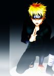  absurdres blonde_hair facial_mark forehead_protector gradient gradient_background harukaka highres kneeling male male_focus naruto red_eyes slit_pupils solo uzumaki_naruto 