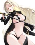  1girl :d absurdres astrae_oratio bikini black_bikini black_gloves black_shrug blonde_hair breasts cleavage commentary cowboy_shot earclip earrings flower_pin frilled_sleeves frills gloves half_gloves hanamori_moa highres holding holding_staff jewelry large_breasts long_hair long_sleeves minfa_(minmin_prime) mole mole_on_breast mole_on_ear mole_under_eye multi-strapped_bikini_bottom multiple_moles navel open_mouth parted_bangs rose_pin shrug_(clothing) sidelocks simple_background smile solo staff standing stomach stud_earrings swimsuit white_background yellow_eyes 