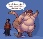 2025 anthro blue_body blue_fur brown_body brown_fur brown_hair clothed clothing dialogue domestic_cat duo english_text fat_rolls featureless_chest felid feline felis fur hair hi_res home_made hyena judith_(home-made) male mammal navel nude obese obese_anthro obese_male overweight overweight_anthro overweight_male pattern_clothing pattern_shirt pattern_topwear shirt simple_background spotted_hyena striped_clothing striped_shirt striped_topwear stripes taj_(tajafterdark) text topwear weight_gain yellow_sclera