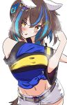  1girl absurdres akkunz animal_ears belt blue_hair blue_shirt blush breasts brown_hair commentary_request daitaku_helios_(fun_fun_party_night)_(umamusume) daitaku_helios_(umamusume) ear_covers facial_tattoo hair_ornament hairclip highres horse_ears horse_girl horse_tail jewelry long_hair medium_breasts midriff multicolored_hair navel necklace open_mouth shirt shorts side_ponytail simple_background solo star_(symbol) star_hair_ornament steaming_body streaked_hair stretching tail tattoo tied_shirt umamusume white_background white_shorts yellow_belt yellow_eyes 