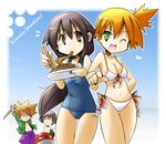  2girls :d anger_vein bikini black_eyes black_hair blindfold blue_(pokemon) breasts brown_hair cleavage eating english food front-tie_top fruit gen_1_pokemon green_eyes grin heart kasumi_(pokemon) long_hair male_swimwear medium_breasts multiple_boys multiple_girls navel noodles ocean one-piece_swimsuit one_eye_closed ookido_green open_clothes open_mouth open_shirt orange_hair pasta pokemon pokemon_(creature) pokemon_(game) pokemon_frlg pokemon_rgby rascal red_(pokemon) red_blindfold school_swimsuit shirt side-tie_bikini side_ponytail sky smile spaghetti stick suikawari summer swim_trunks swimsuit swimwear thigh_gap voltorb watermelon 