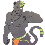 2026 abs anthro barazoku bite biting_lip biting_own_lip black_body black_fur bulge claws clothed clothing digital_media_(artwork) felid feline finger_claws fur green_eyes green_highlights hair hi_res highlights_(coloring) jewelry jockstrap jockstrap_only looking_at_viewer male mammal markings muscular muscular_anthro muscular_male necklace nipples pawpads peapeafur pecs pendant portrait scar self_bite simple_background solo tail tail_markings teeth three-quarter_portrait topless underwear underwear_only white_background