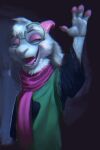 4_fingers anthro big_glasses bovid caprine chromatic_aberration cloak clothing deltarune digital_media_(artwork) digital_painting_(artwork) eyelashes eyes_closed eyewear fingers fur glasses goat green_cloak green_clothing hi_res horn male mammal open_mouth open_smile painting_(artwork) pawpads pink_eyelids pink_horn pink_nose pink_scarf pink_tongue plaguedaemonart raised_hand ralsei realistic realistic_anthro scarf smile snout solo tongue undertale_(series) waving_hand wearing_glasses white_body white_fur