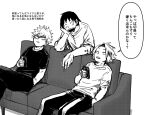  3boys arm_rest bakugou_katsuki boku_no_hero_academia buttons cellphone commentary_request constricted_pupils couch crew_neck crossed_legs curtained_hair dkyoudai elbow_rest facial_hair feet_out_of_frame greyscale hair_between_eyes hand_in_pocket hand_up hands_up hatching_(texture) head_on_hand head_rest holding holding_phone jaw_drop kaminari_denki linear_hatching looking_up male_focus monochrome multicolored_hair multiple_boys narration no_pupils on_couch open_mouth pants parted_bangs parted_lips partial_commentary phone screentones sero_hanta shirt short_eyebrows short_hair short_sleeves sideburns_stubble sideways_glance simple_background sitting smartphone speech_bubble spiked_hair standing streaked_hair striped_clothes striped_pants stubble surprised t-shirt talking teeth translation_request upper_teeth_only v-shaped_eyebrows vertical-striped_clothes vertical-striped_pants white_background 