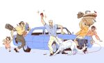  black_hair car child commentary dog dynamic_pose english_commentary hakunette highres jumping male_focus motor_vehicle original retro_artstyle shirt suitcase sunglasses white_background white_shirt 