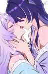 2girls absurdres acheron_(honkai:_star_rail) arnkun black_swan_(honkai:_star_rail) blue_shirt french_kiss hand_on_another's_neck highres honkai:_star_rail honkai_(series) kiss long_hair multiple_girls purple_hair purple_nails purple_shirt saliva shirt simple_background tongue tongue_out white_background yuri 