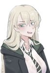  1girl absurdres averting_eyes black_robe blonde_hair blue_eyes blush bra breasts cardigan commentary eyelashes fang genderswap genderswap_(mtf) green_hood green_necktie hair_over_shoulder harry_potter_(series) highres hogwarts_school_uniform hood hood_down long_hair loose_necktie malfoid necktie open_mouth probsdani ringed_eyes robe school_uniform see-through_clothes see-through_shirt shirt simple_background slytherin solo underwear untranslatable_commentary upper_body wet wet_clothes wet_hair white_background white_shirt wizarding_world 